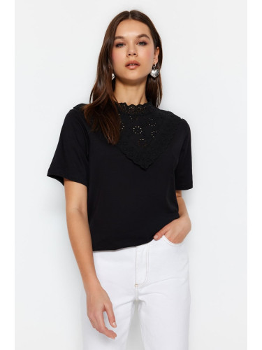 Trendyol Black Embroidered Stand-Up Collar Basic Shirt and Knitted Cotton Knitted Blouse