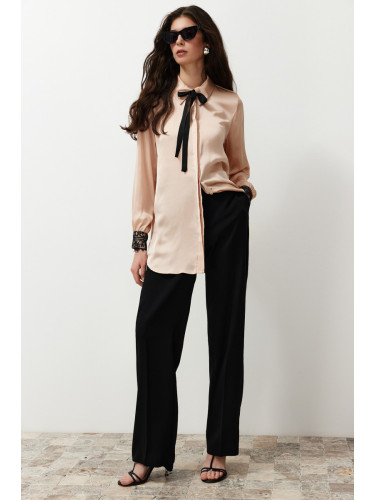 Trendyol Beige Collar Bow and Lace Detailed Satin Woven Shirt