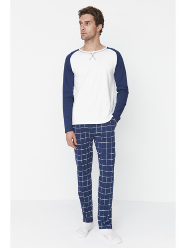 Trendyol Navy Blue 100% Cotton Plaid Knitted 100% Cotton Pajama Set