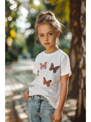 Trendyol White Girl Butterfly Patterned Knitted T-Shirt