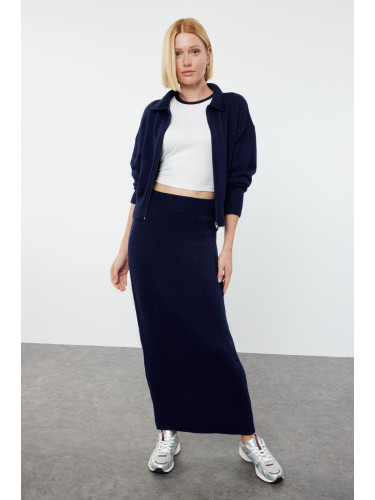 Trendyol Navy Blue Zippered Cardigan-Skirt Knitwear Top-Top Set
