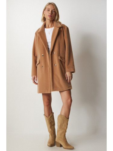 Happiness İstanbul Women's Biscuit Rabbit Hair Look Oversize Coat