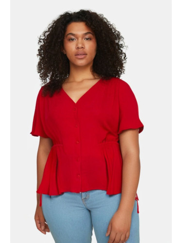 Trendyol Curve Red Woven V-Neck Tie-Up Blouse