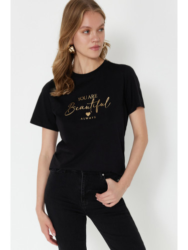 Trendyol Black 100% Cotton Foil/Glossy Slogan Printed Regular/Normal Pattern Knitted T-Shirt