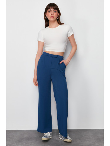 Trendyol Navy Blue Hook and Loop Detail Lycra Straight/Straight Cut Woven Trousers