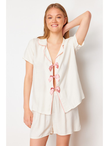 Trendyol Ecru Ribbon/Bow and Piping Detailed Viscose Woven Pajama Set