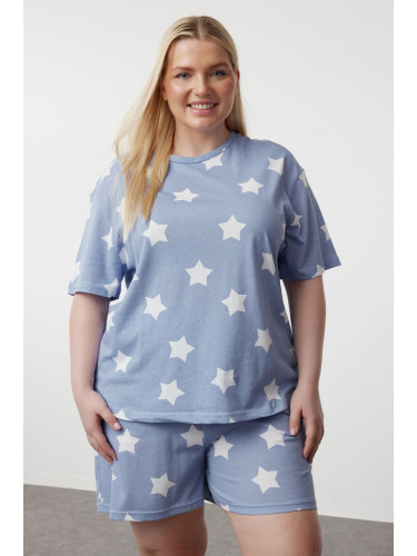 Trendyol Curve Blue Star Printed Knitted Pajama Set