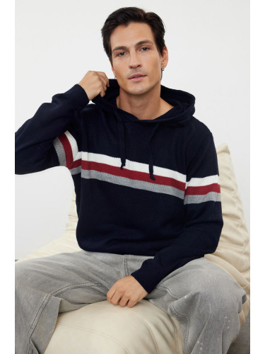 Trendyol Navy Blue Slim Fit Hooded Striped Knitwear Sweater