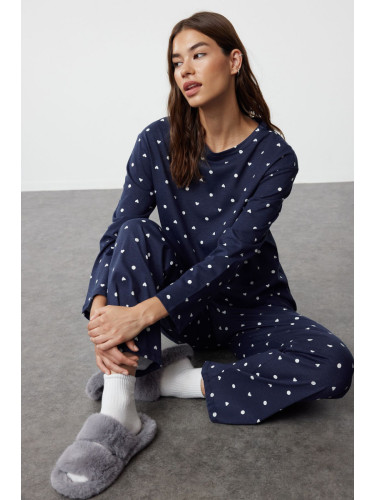 Trendyol Navy Blue Printed Single Jersey Knitted Pajama Set