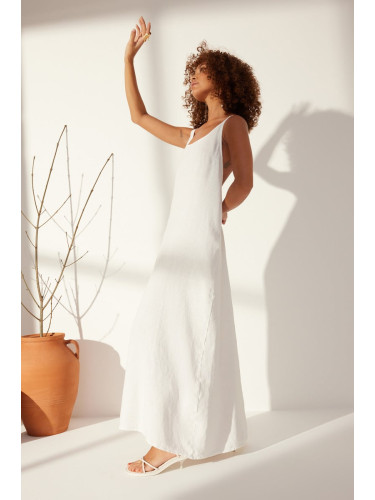 Trendyol White 100% Linen Back Detail Maxi Dress