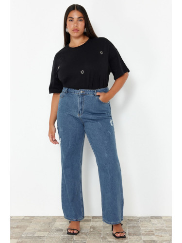 Trendyol Curve Blue High Waist Wide Leg Denim Trousers