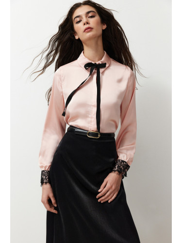 Trendyol Satin Woven Shirt with Dusty Rose Collar and Bow and Lace Detail