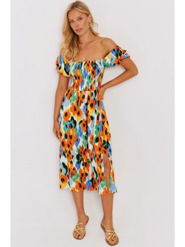 Cool & Sexy Women's Orange Gimped Patterned Midi Dress