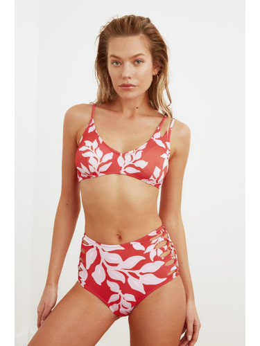 Trendyol Colorful Leaf Pattern Cross-Connected High Waist Bikini Bottom
