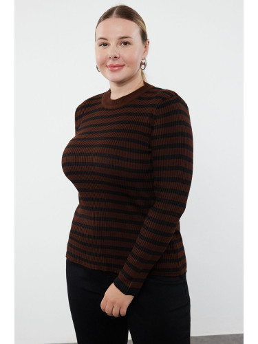 Trendyol Curve Brown Striped Ribbed Knit Sweater