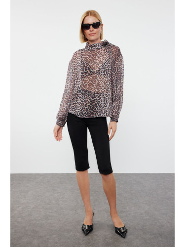 Trendyol Brown Leopard Patterned Chiffon High Collar Woven Blouse