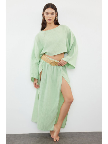 Trendyol Mint Woven Slit Muslin Blouse Skirt Set