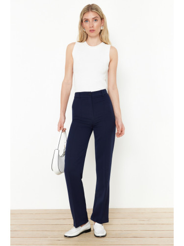 Trendyol Navy Blue Straight Cut High Waist Ribbed Stitched Woven Trousers