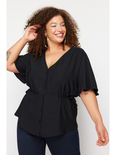 Trendyol Curve Black Knitted V-Neck Tiered Blouse