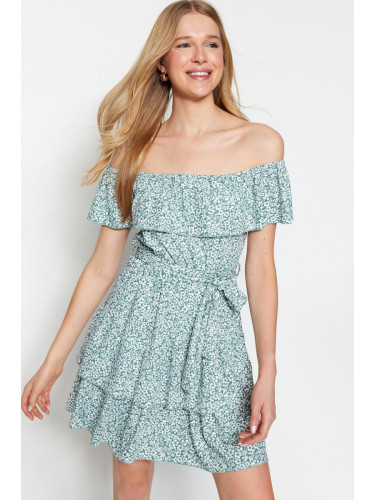 Trendyol Mint Floral Printed Carmen Collar Flounce and Ruffle Detailed Mini Knitted Dress
