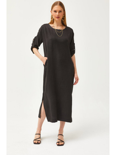 Olalook Women's Black Pocket Slit Linen Content Loose Dress