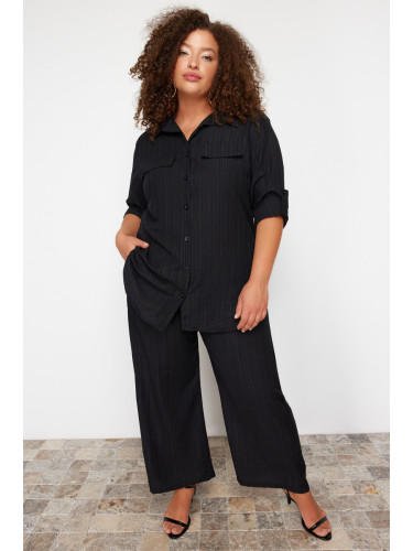 Trendyol Curve Black Textured Button-Woven Shirt-Pants Plus Size Bottom-Top Set
