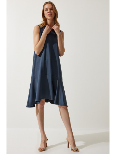 Happiness İstanbul Women's Indigo Blue Crew Neck Knitted Flounce A-Line Dress