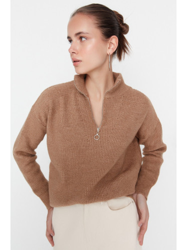 Trendyol Camel Soft Textured Zipper Knitwear Sweater