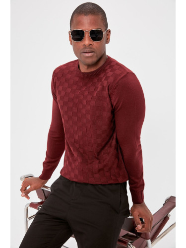 Trendyol Claret Red Slim Crew Neck Textured Knitwear Sweater