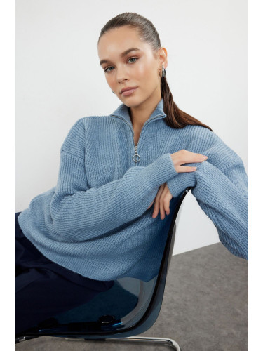 Trendyol Dark Blue Soft Textured Zippered Knitwear Sweater