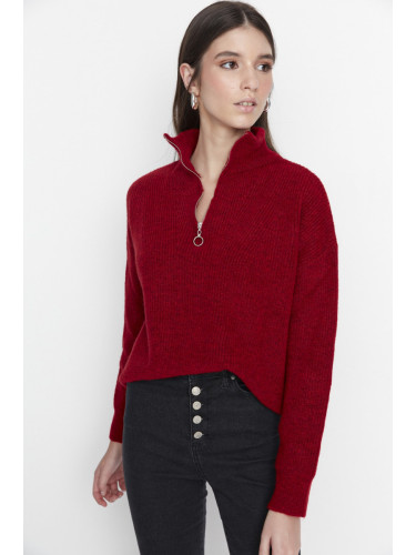 Trendyol Red Soft Textured Zipper Knitwear Sweater