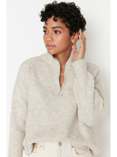 Trendyol Stone Soft Textured Zipper Knitwear Sweater