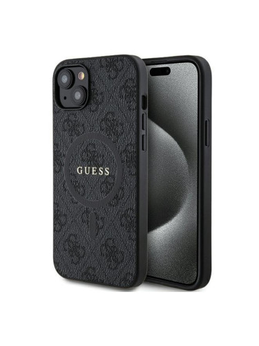 Оригинален кейс Guess 4G Collection Leather Metal Logo MagSafe, За iPhone 15 (6.1), Черен