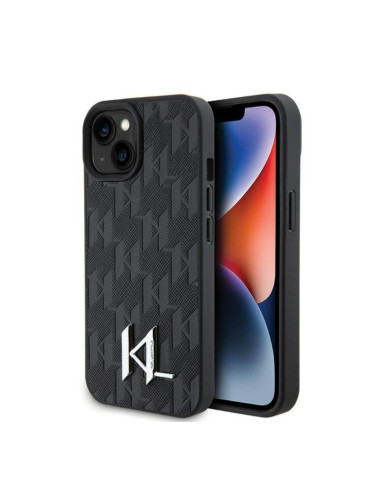 Оригинален кейс Karl Lagerfeld Leather Monogram Hot Stamp Metal Logo, За iPhone 15 (6.1), Черен