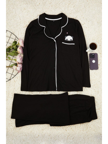 Trendyol Curve Black Shirt Collar Panda Printed Knitted Pajama Set