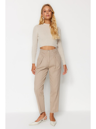 Trendyol Mink Cotton Carrot Pattern Stripe Detailed Woven Trousers