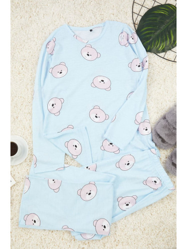 Trendyol Curve Light Blue Teddy Bear Patterned Knitted Pajama Set