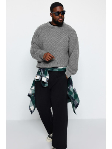 Trendyol Gray FL Men's Oversize Crew Neck Plain Knitwear Plus Size Sweater