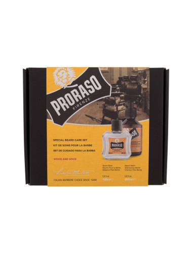 PRORASO Wood & Spice Special Beard Care Set Подаръчен комплект шампоан за брада Wood & Spice 200 ml + балсам за брада Wood & Spice 100 ml