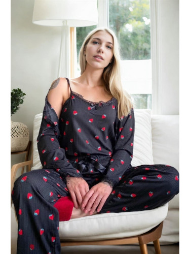 22168 Dewberry Womens Pyjama Set with Dressing Gown-BLACK-RED