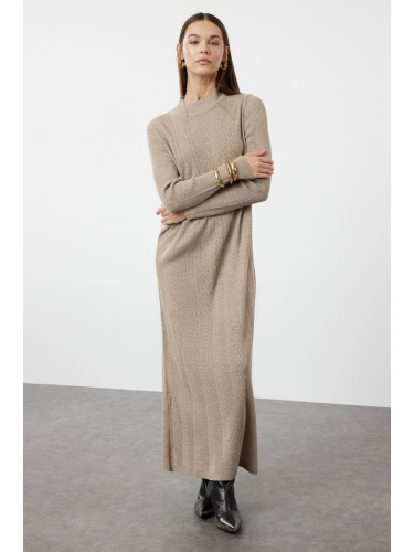 Trendyol Mink Self-Patterned Half Turtleneck Knitwear Zigzag Textured Dress