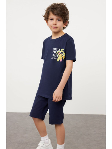 Trendyol Navy Blue Boy Printed Short Sleeve T-shirt Shorts Cotton Knitted Set Bottom-Top Set