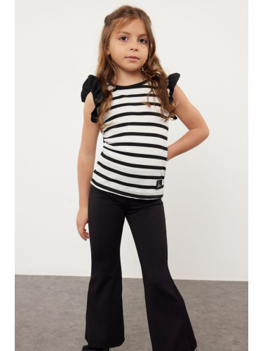 Trendyol Black Girl Striped Ruffle Detailed Knitted T-Shirt