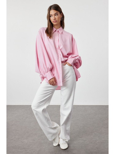 Trendyol Pink Striped Balloon Sleeve Cotton Woven Shirt