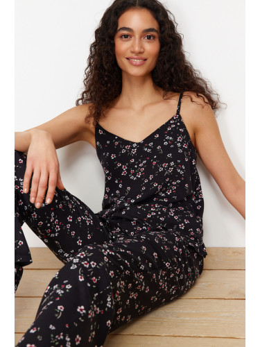 Trendyol Black Floral String Strap Viscose Woven Pajama Set