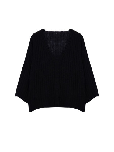 Trendyol Curve Black V-Neck Ribbed Knitwear Sweater