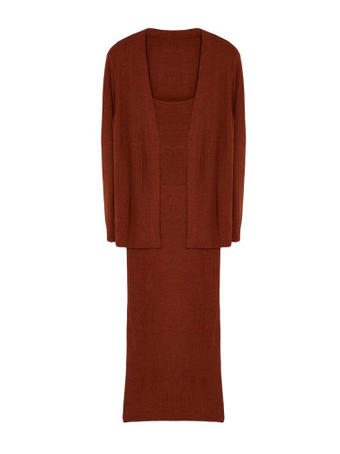 Trendyol Curve Tile Ribbed Belted Midi Length 2-Piece Knitwear Cardigan-Dress
