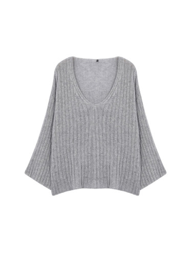 Trendyol Curve Gray V-Neck Ribbed Knitwear Sweater