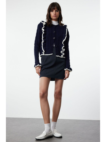 Trendyol Navy Blue Ruffle Detailed Crew Neck Knitwear Cardigan