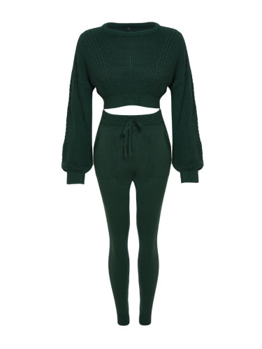 Trendyol Emerald Green Crop Crew Neck Knitwear Bottom-Top Set